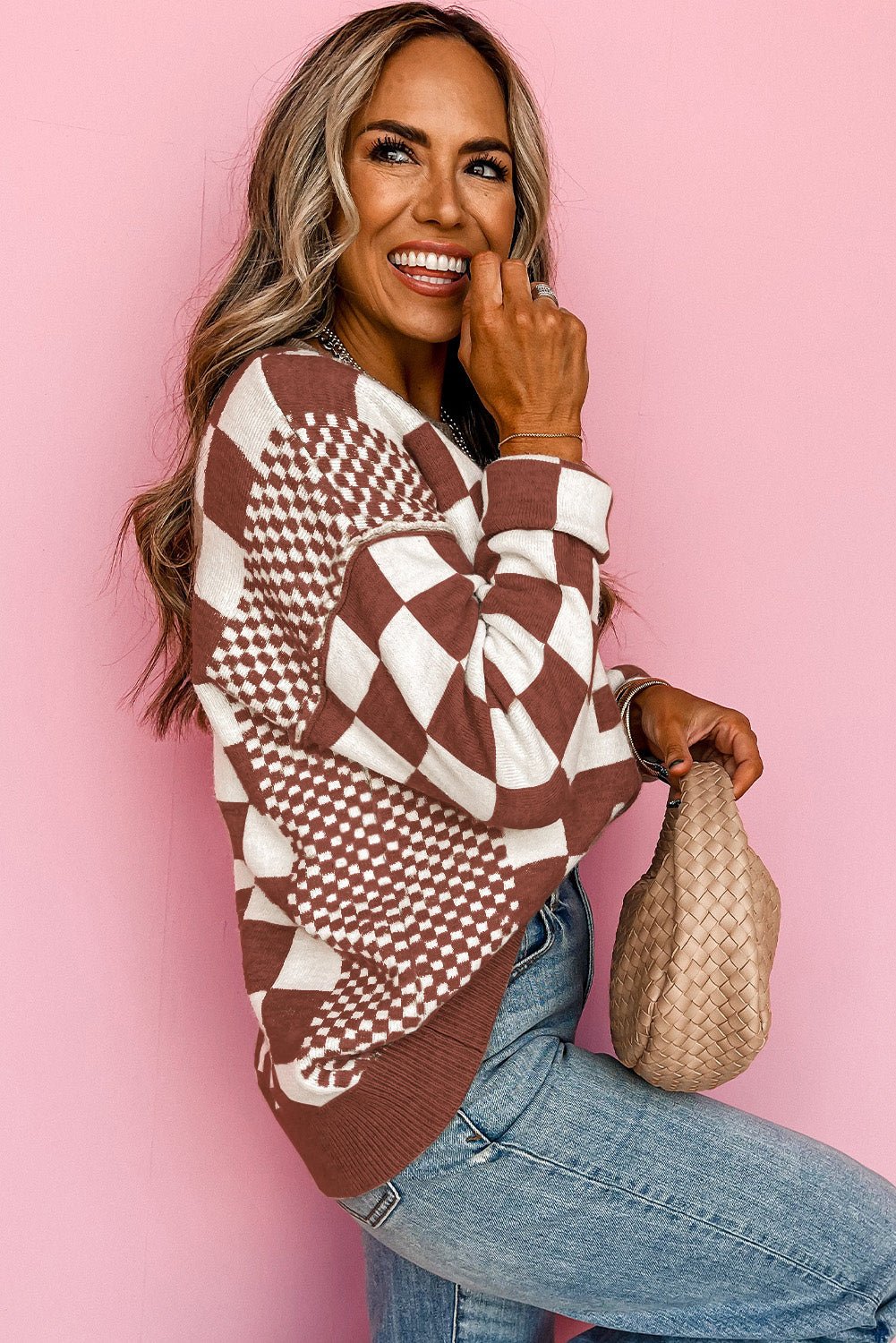 Khaki Checkered Print Drop Shoulder Round Neck Sweater - Kinfolk Customs LLC