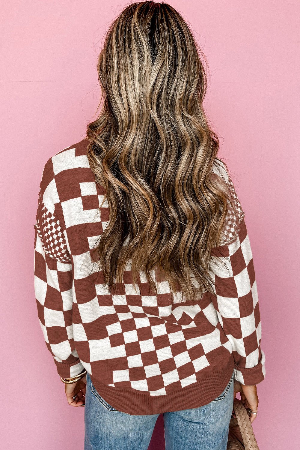 Khaki Checkered Print Drop Shoulder Round Neck Sweater - Kinfolk Customs LLC