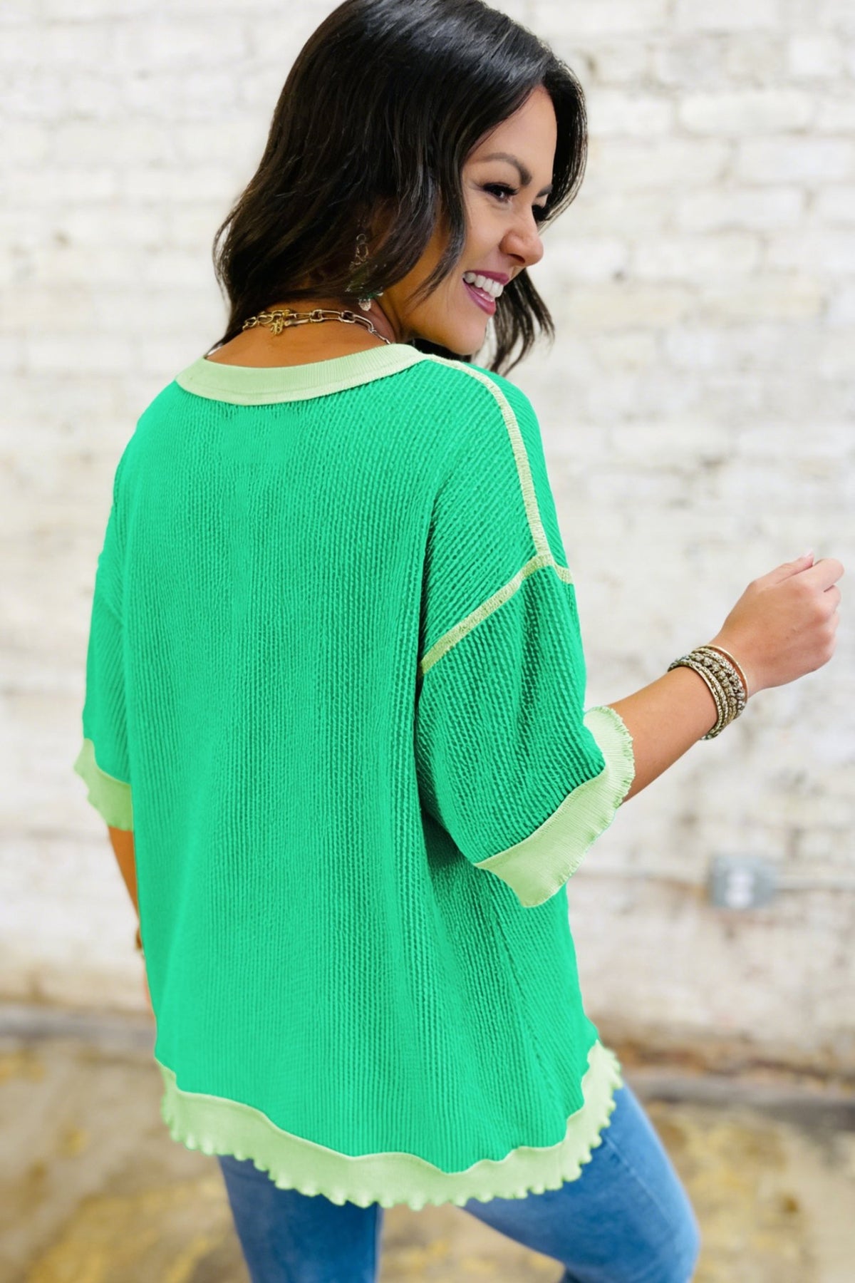 Mint Green Loose Uneven Hem Twist Ribbed T Shirt - Kinfolk Customs LLC