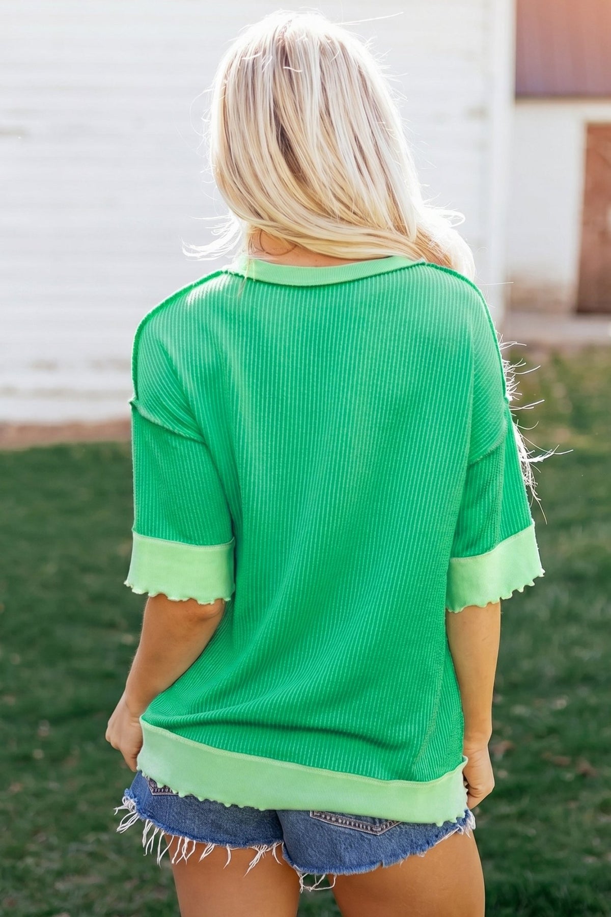Mint Green Loose Uneven Hem Twist Ribbed T Shirt - Kinfolk Customs LLC