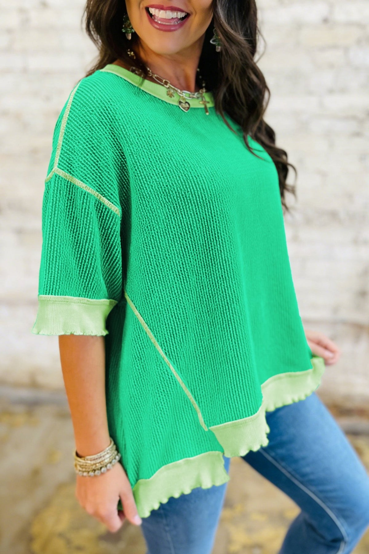 Mint Green Loose Uneven Hem Twist Ribbed T Shirt - Kinfolk Customs LLC