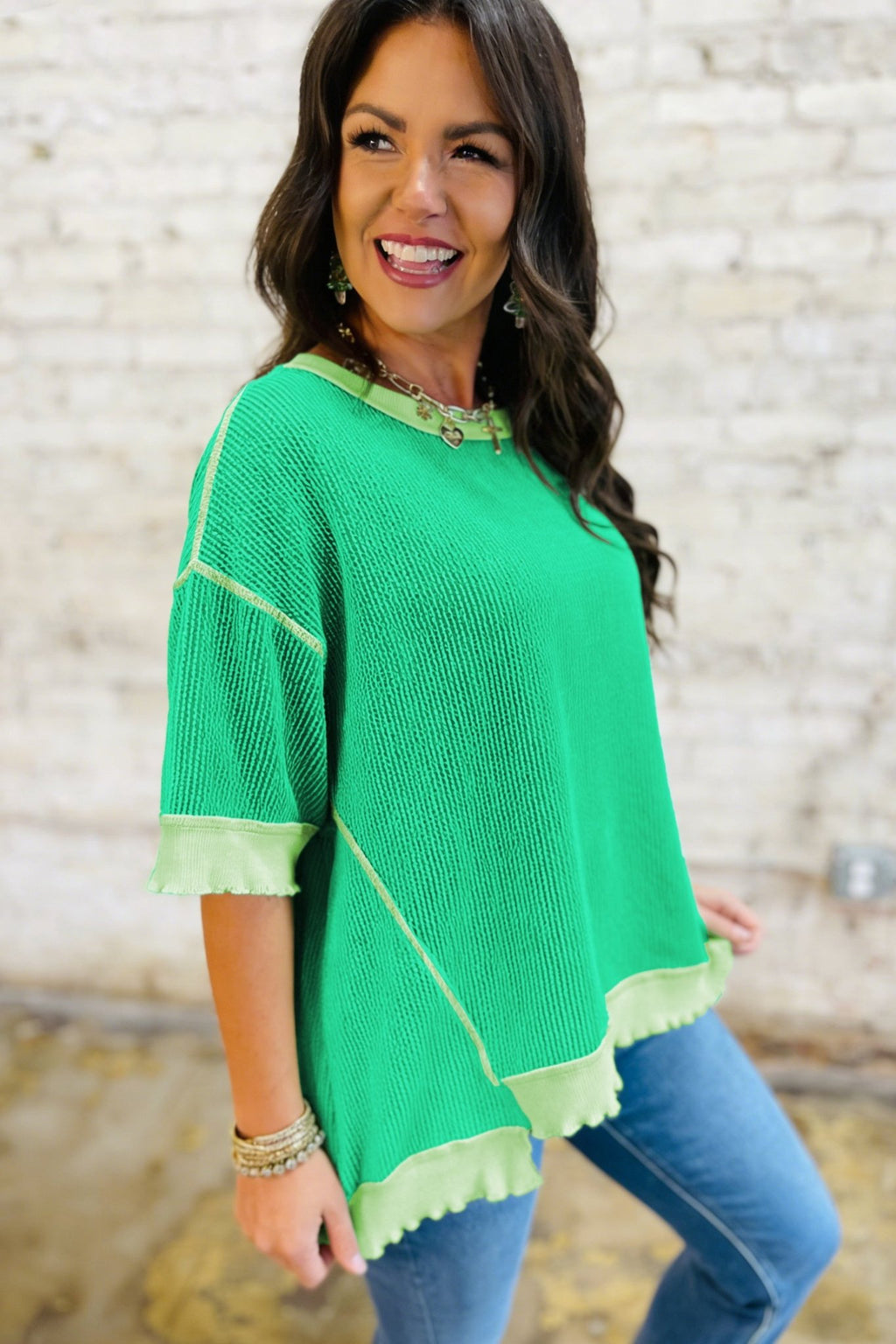 Mint Green Loose Uneven Hem Twist Ribbed T Shirt - Kinfolk Customs LLC