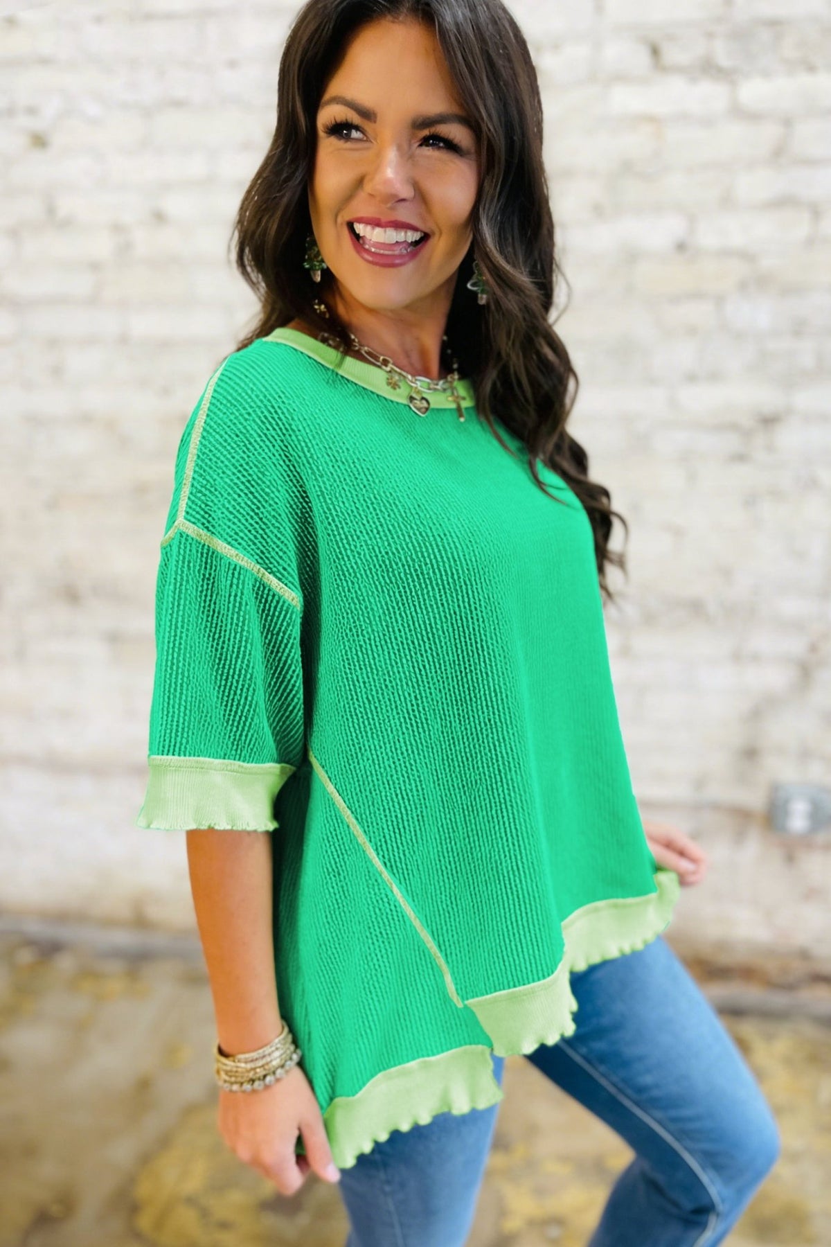 Mint Green Loose Uneven Hem Twist Ribbed T Shirt - Kinfolk Customs LLC