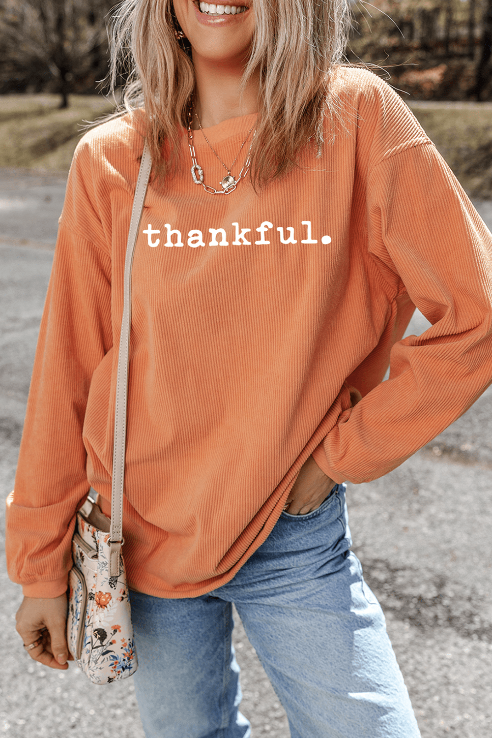 Orange Thankful Ribbed Crew Neck Thanksgiving Sweatshirt - Kinfolk Customs LLC