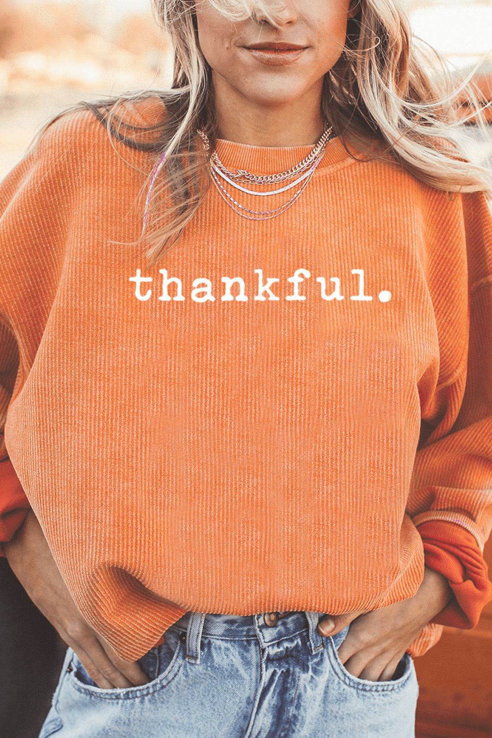 Orange Thankful Ribbed Crew Neck Thanksgiving Sweatshirt - Kinfolk Customs LLC