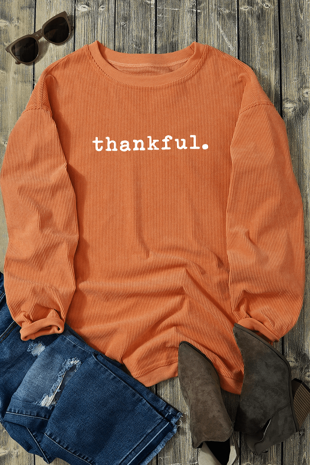 Orange Thankful Ribbed Crew Neck Thanksgiving Sweatshirt - Kinfolk Customs LLC