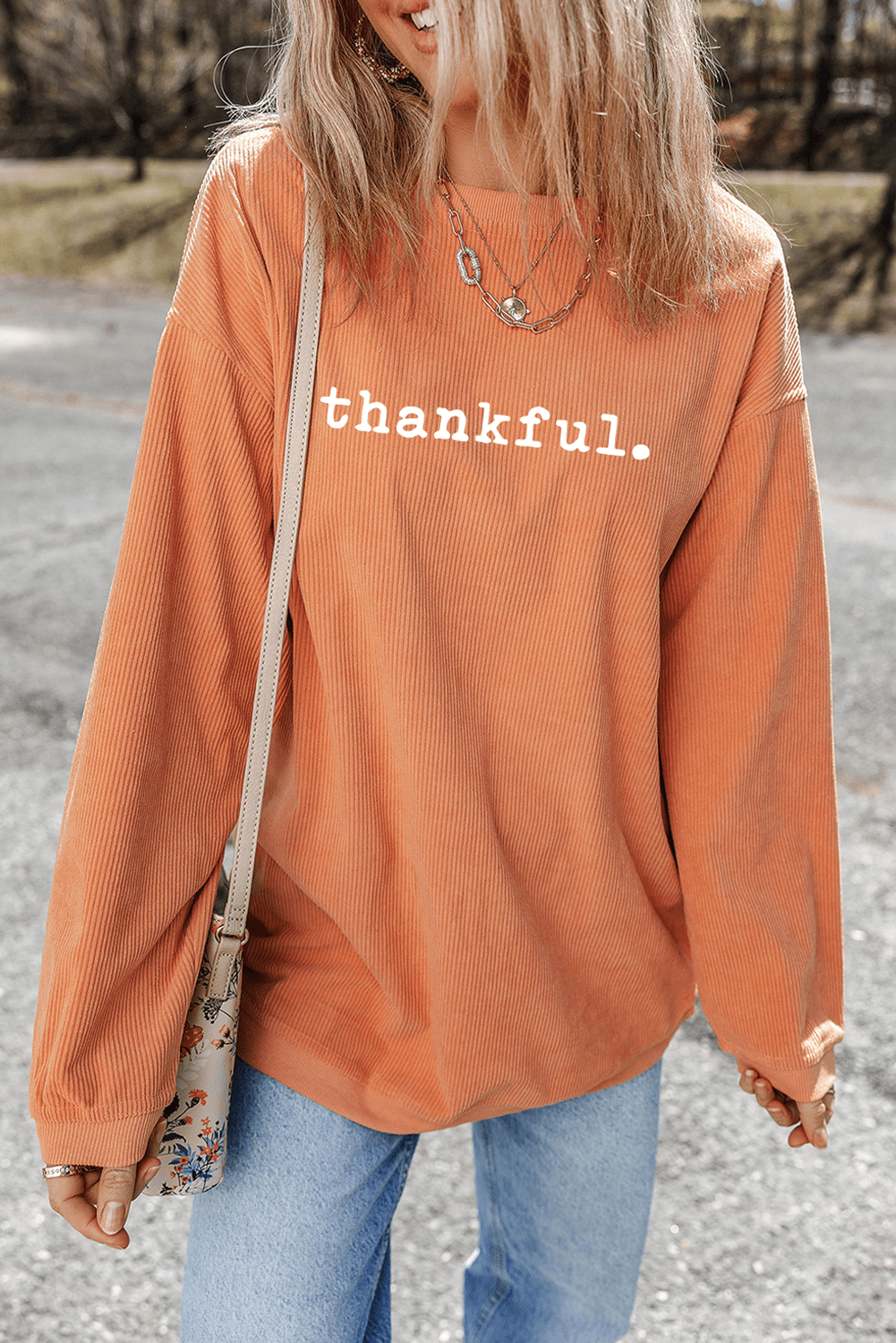 Orange Thankful Ribbed Crew Neck Thanksgiving Sweatshirt - Kinfolk Customs LLC