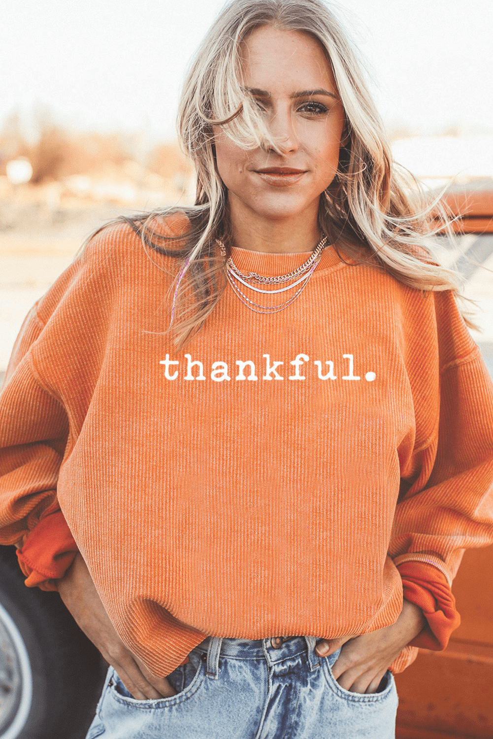 Orange Thankful Ribbed Crew Neck Thanksgiving Sweatshirt - Kinfolk Customs LLC