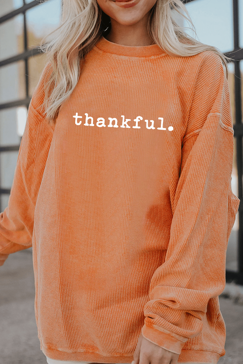 Orange Thankful Ribbed Crew Neck Thanksgiving Sweatshirt - Kinfolk Customs LLC