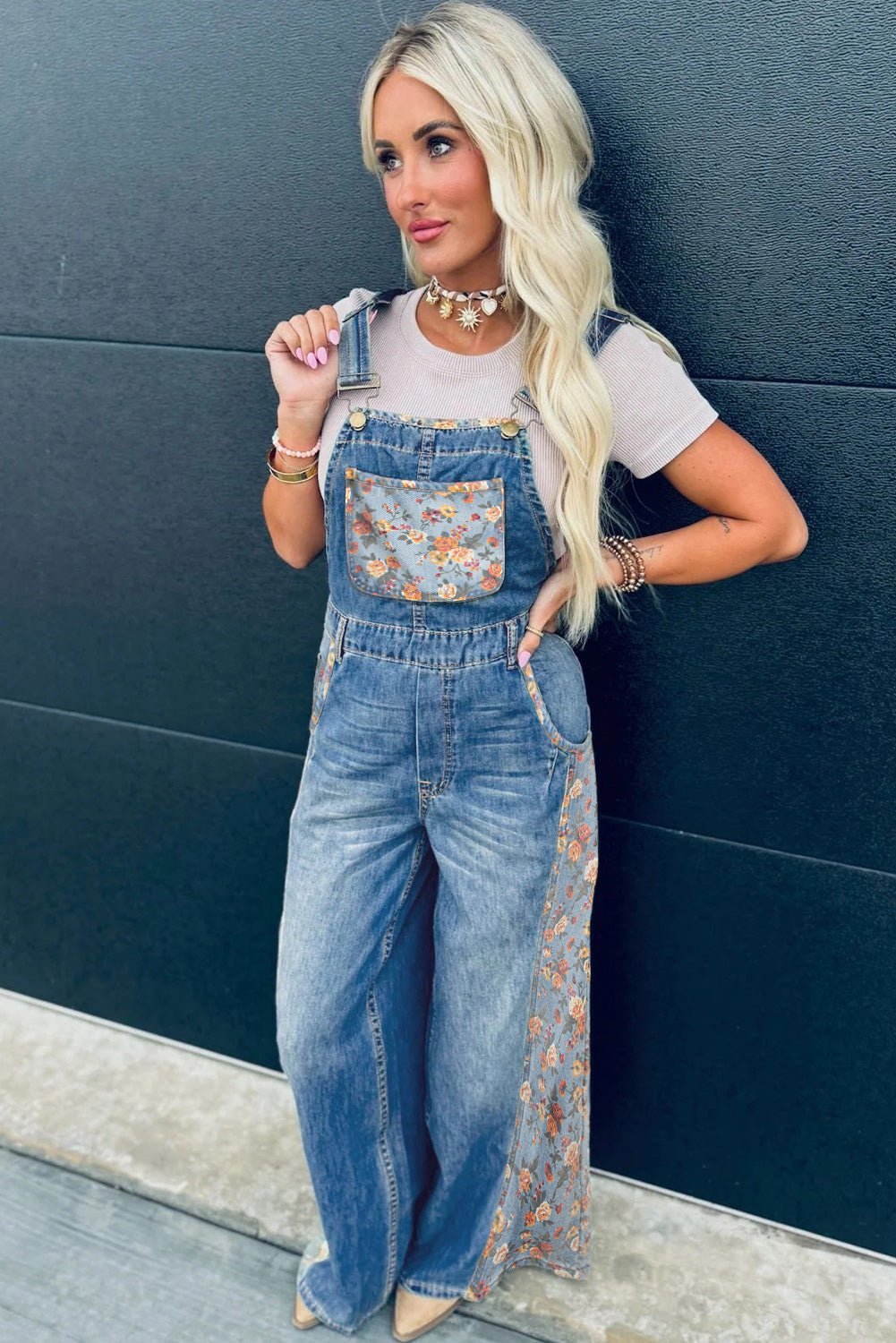 Peacock Blue Floral Patchwork Bib Denim Wide Leg Overalls - Kinfolk Customs LLC