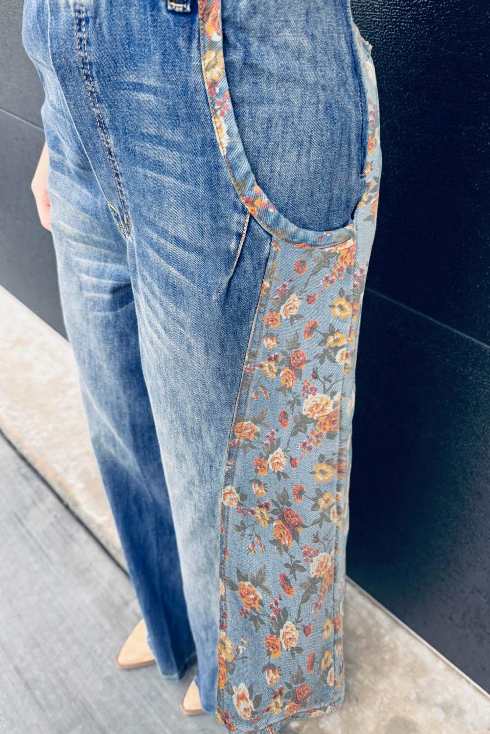 Peacock Blue Floral Patchwork Bib Denim Wide Leg Overalls - Kinfolk Customs LLC