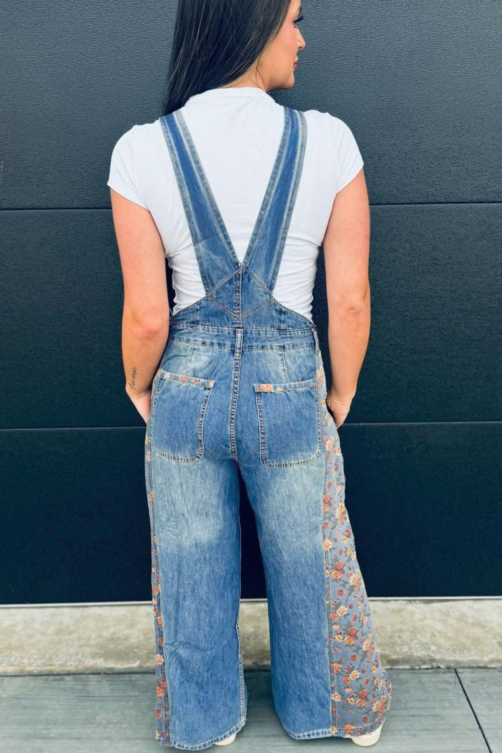 Peacock Blue Floral Patchwork Bib Denim Wide Leg Overalls - Kinfolk Customs LLC