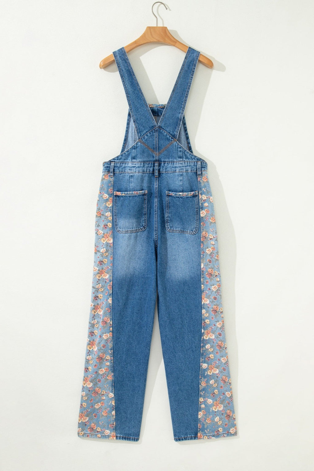 Peacock Blue Floral Patchwork Bib Denim Wide Leg Overalls - Kinfolk Customs LLC