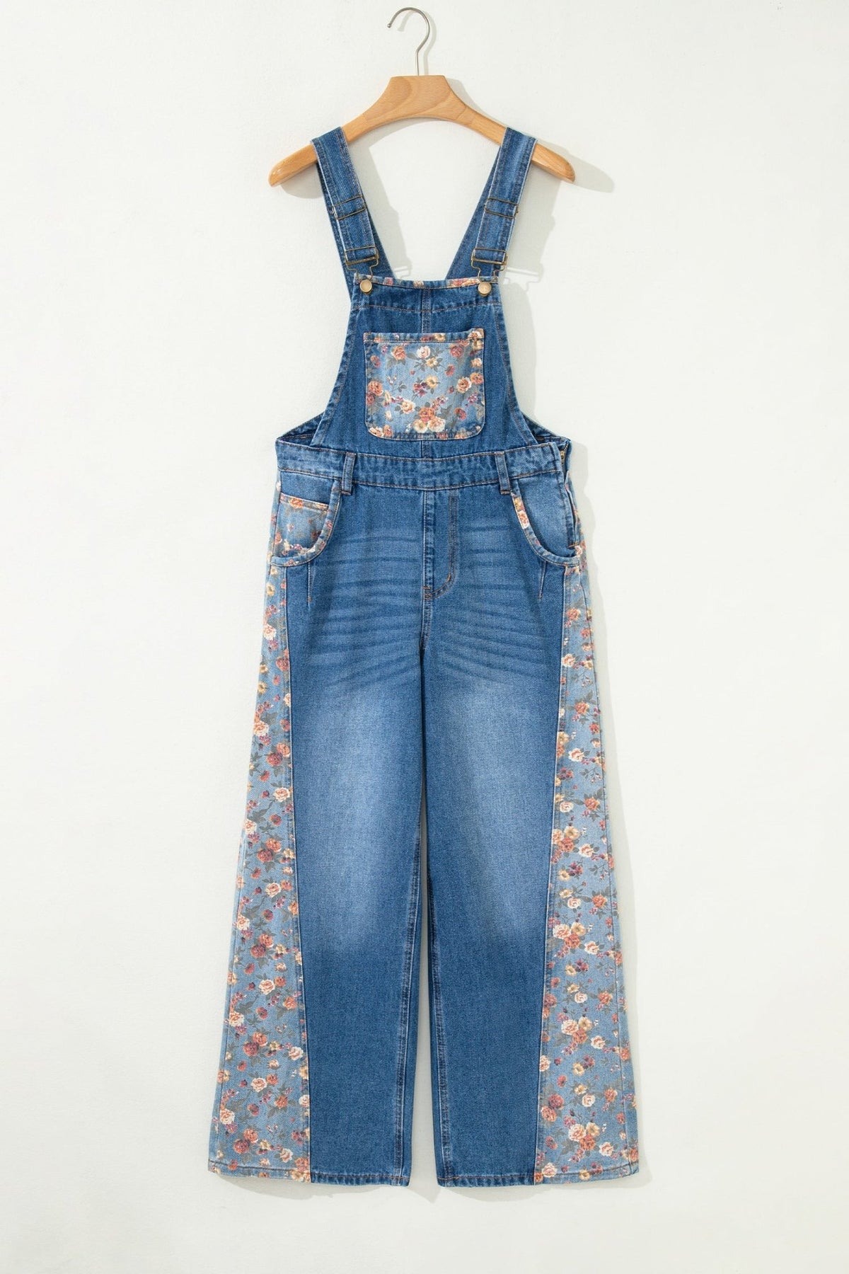 Peacock Blue Floral Patchwork Bib Denim Wide Leg Overalls - Kinfolk Customs LLC