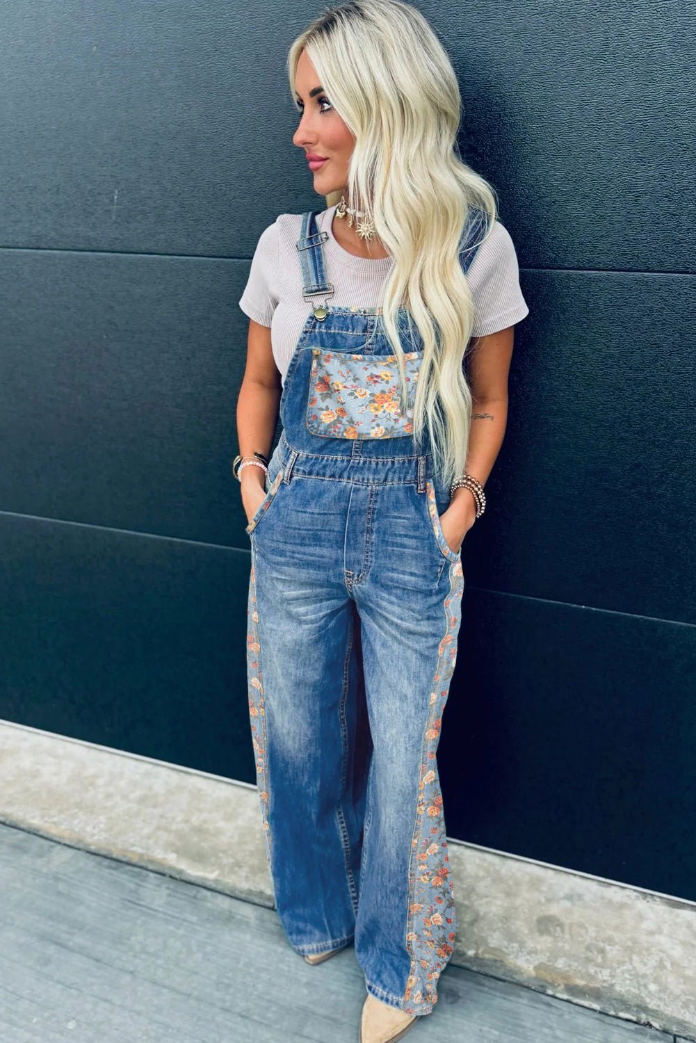 Peacock Blue Floral Patchwork Bib Denim Wide Leg Overalls - Kinfolk Customs LLC