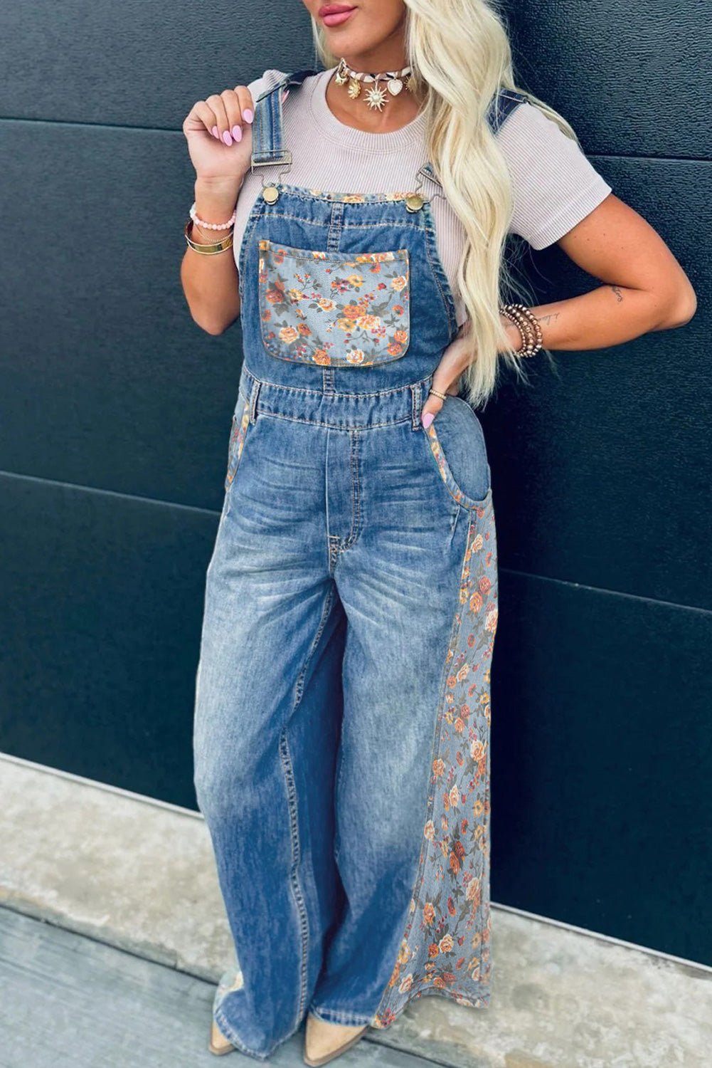 Peacock Blue Floral Patchwork Bib Denim Wide Leg Overalls - Kinfolk Customs LLC