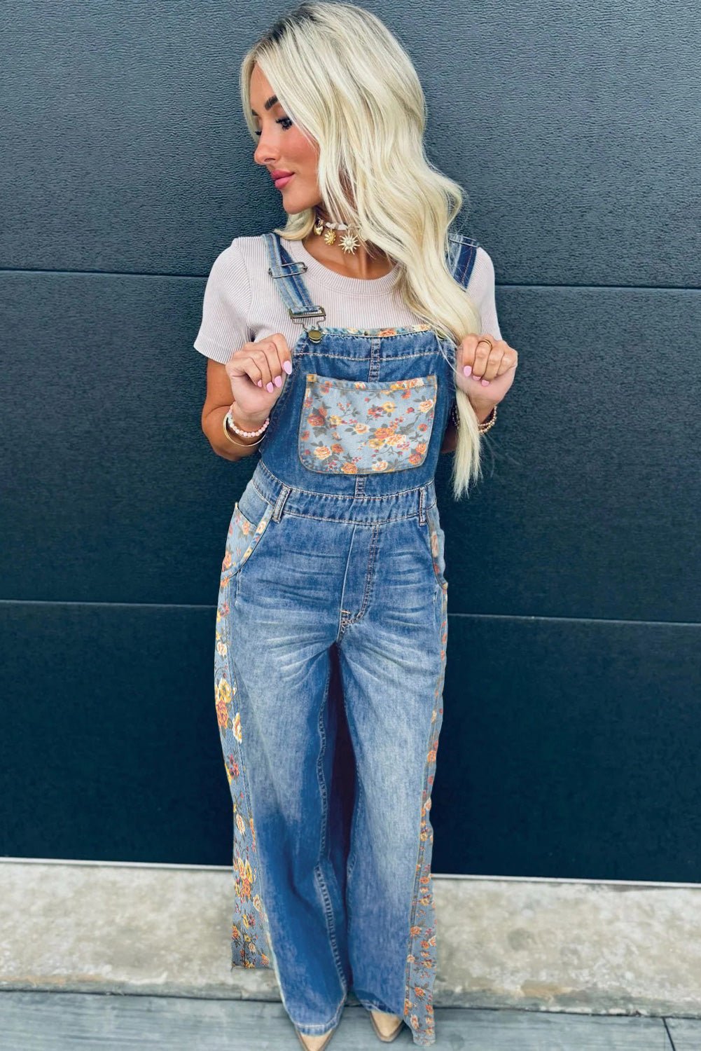 Peacock Blue Floral Patchwork Bib Denim Wide Leg Overalls - Kinfolk Customs LLC
