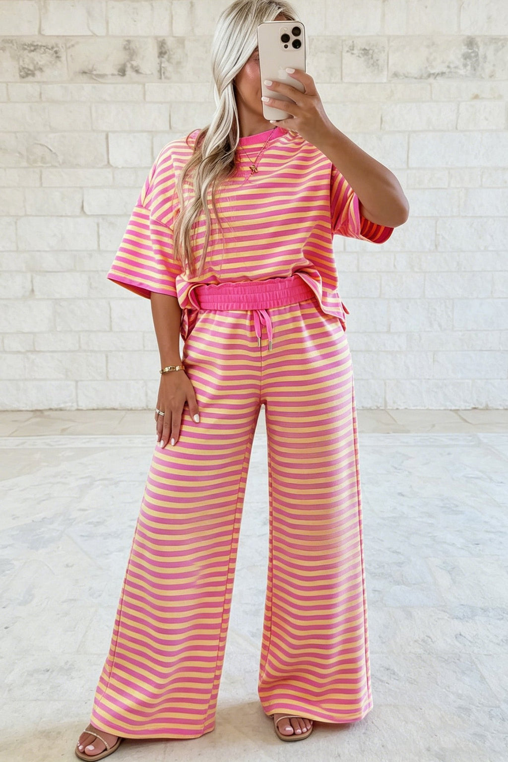 Pink Stripe Colorblock Trim Crew Neck Loose Tee Drawstring Elastic Waist 2pcs Pant Set - Kinfolk Customs LLC