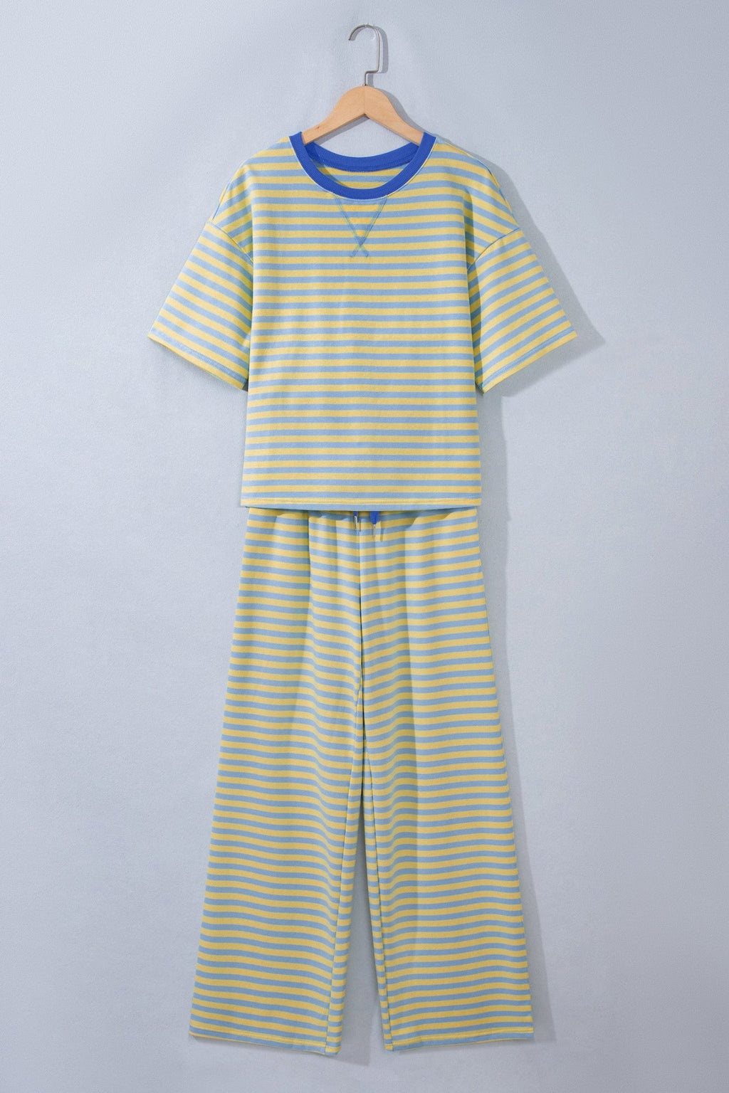 Pink Stripe Colorblock Trim Crew Neck Loose Tee Drawstring Elastic Waist 2pcs Pant Set - Kinfolk Customs LLC