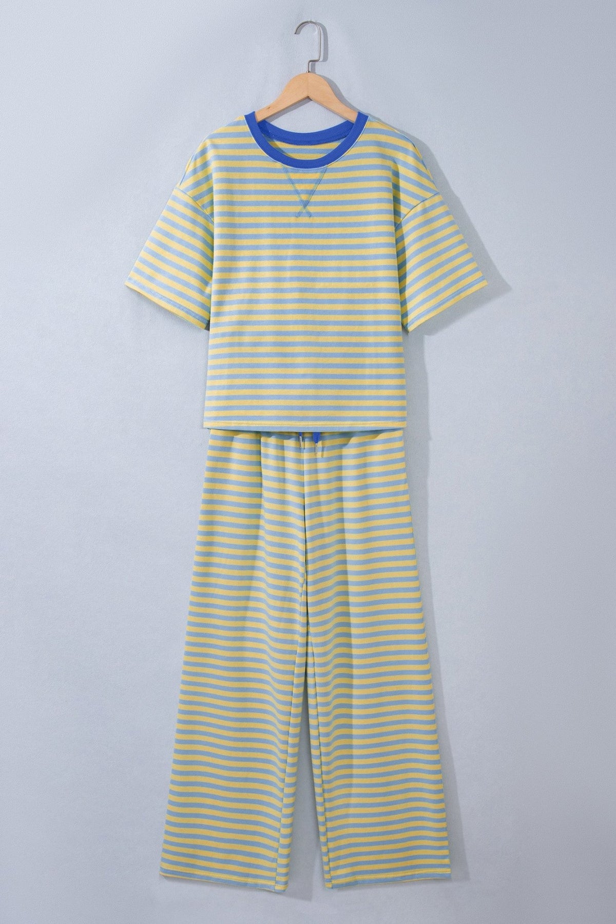Pink Stripe Colorblock Trim Crew Neck Loose Tee Drawstring Elastic Waist 2pcs Pant Set - Kinfolk Customs LLC