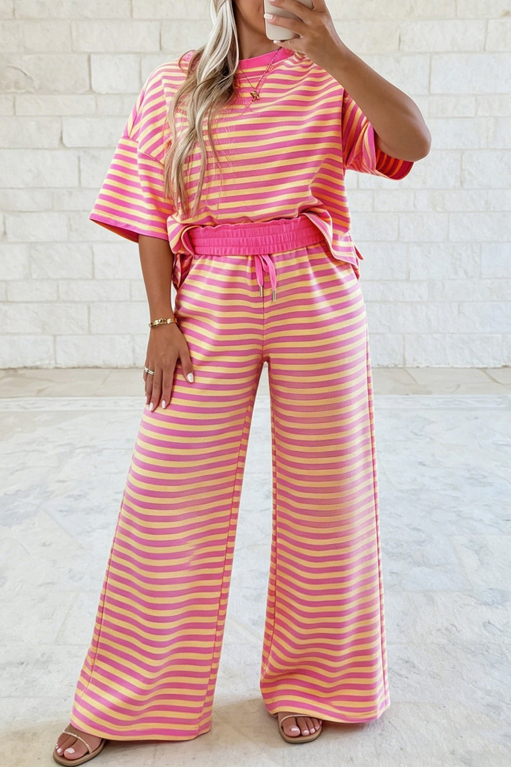Pink Stripe Colorblock Trim Crew Neck Loose Tee Drawstring Elastic Waist 2pcs Pant Set - Kinfolk Customs LLC