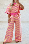 Pink Stripe Colorblock Trim Crew Neck Loose Tee Drawstring Elastic Waist 2pcs Pant Set - Kinfolk Customs LLC