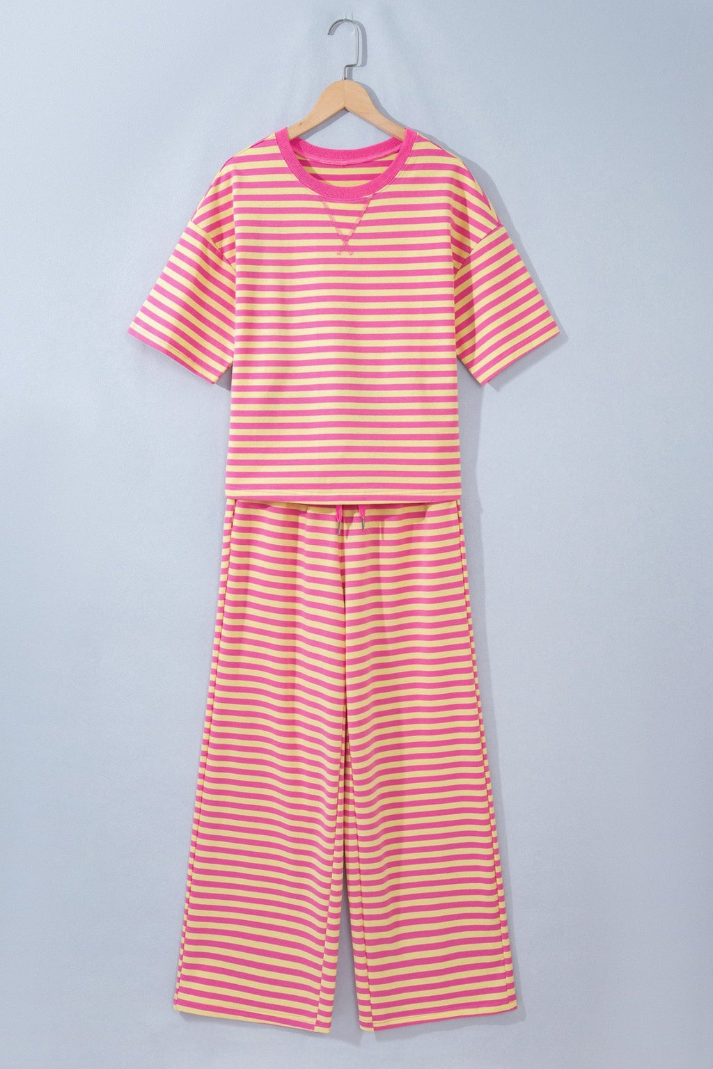 Pink Stripe Colorblock Trim Crew Neck Loose Tee Drawstring Elastic Waist 2pcs Pant Set - Kinfolk Customs LLC