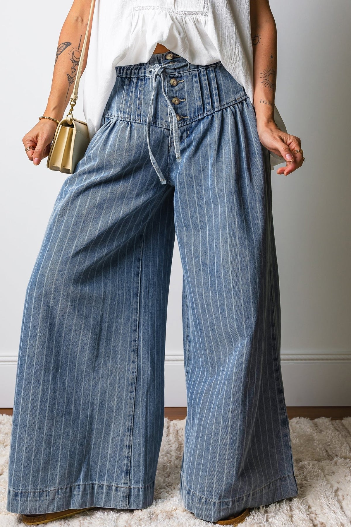 Sky Blue Stripe Button Pleated Drawstring Waist Casual Wide Leg Jeans - Kinfolk Customs LLC