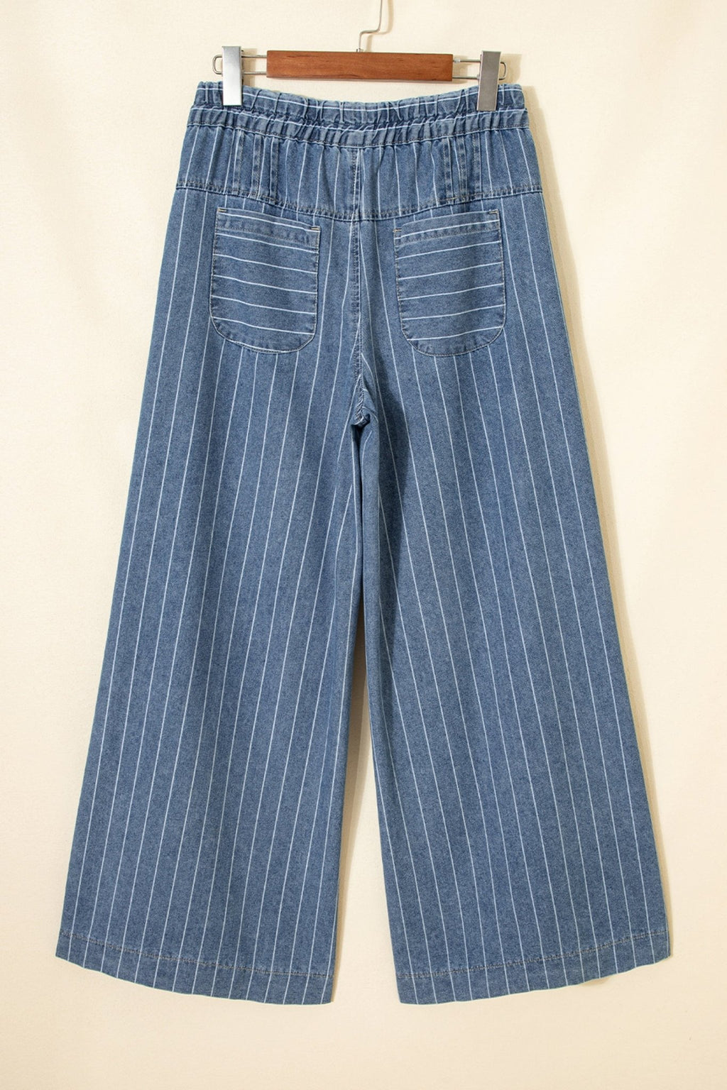 Sky Blue Stripe Button Pleated Drawstring Waist Casual Wide Leg Jeans - Kinfolk Customs LLC