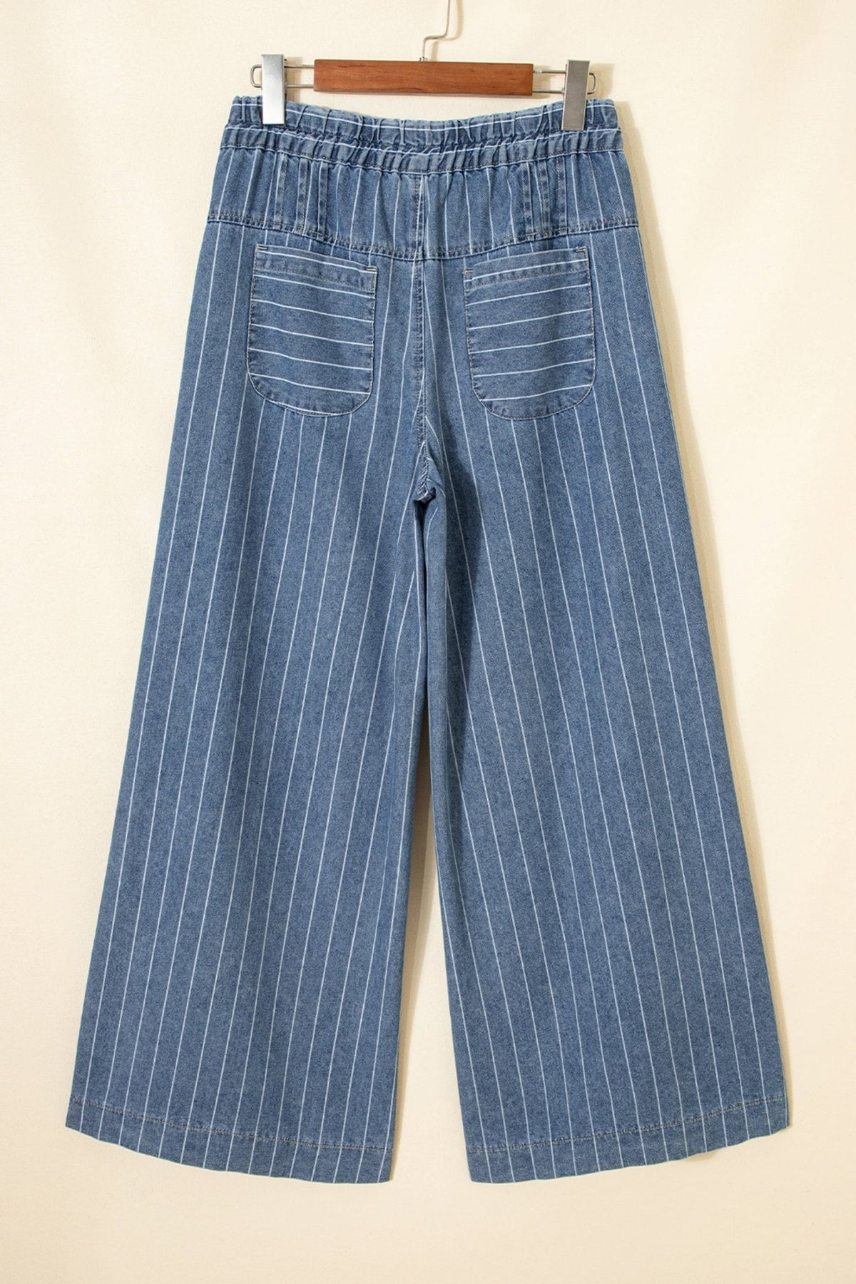Sky Blue Stripe Button Pleated Drawstring Waist Casual Wide Leg Jeans - Kinfolk Customs LLC