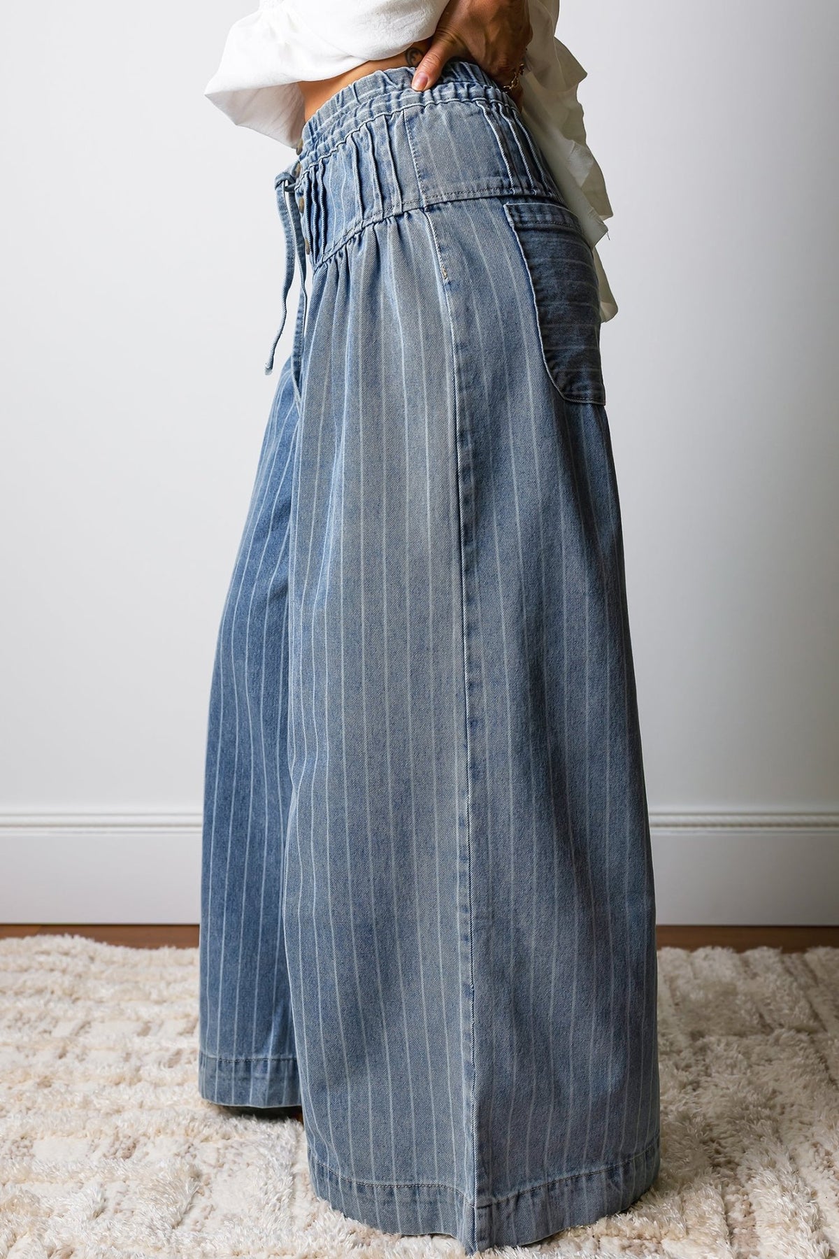 Sky Blue Stripe Button Pleated Drawstring Waist Casual Wide Leg Jeans - Kinfolk Customs LLC