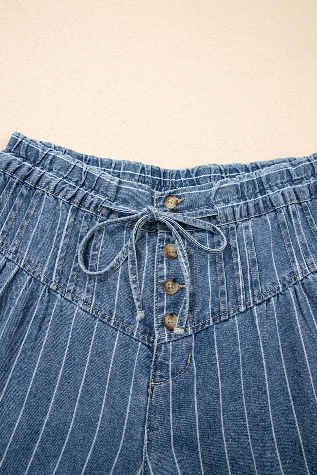 Sky Blue Stripe Button Pleated Drawstring Waist Casual Wide Leg Jeans - Kinfolk Customs LLC