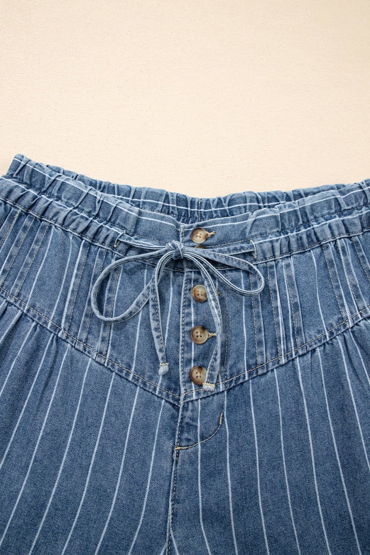 Sky Blue Stripe Button Pleated Drawstring Waist Casual Wide Leg Jeans - Kinfolk Customs LLC
