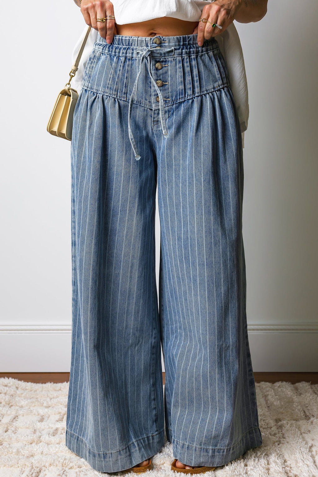 Sky Blue Stripe Button Pleated Drawstring Waist Casual Wide Leg Jeans - Kinfolk Customs LLC