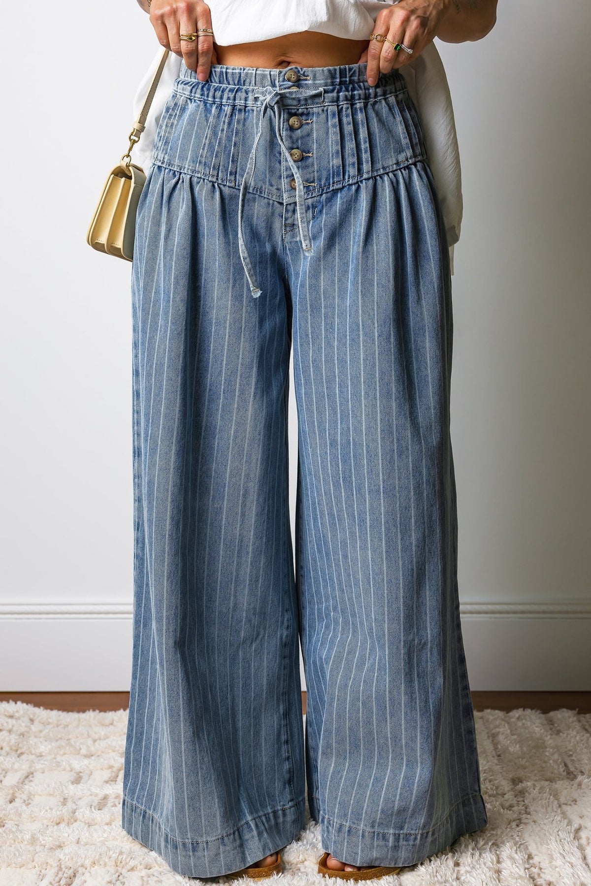 Sky Blue Stripe Button Pleated Drawstring Waist Casual Wide Leg Jeans - Kinfolk Customs LLC