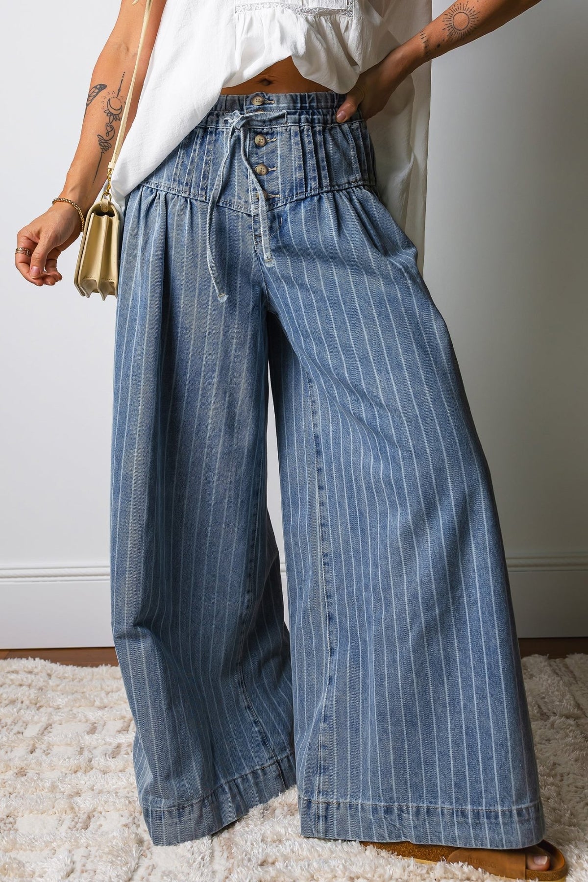 Sky Blue Stripe Button Pleated Drawstring Waist Casual Wide Leg Jeans - Kinfolk Customs LLC