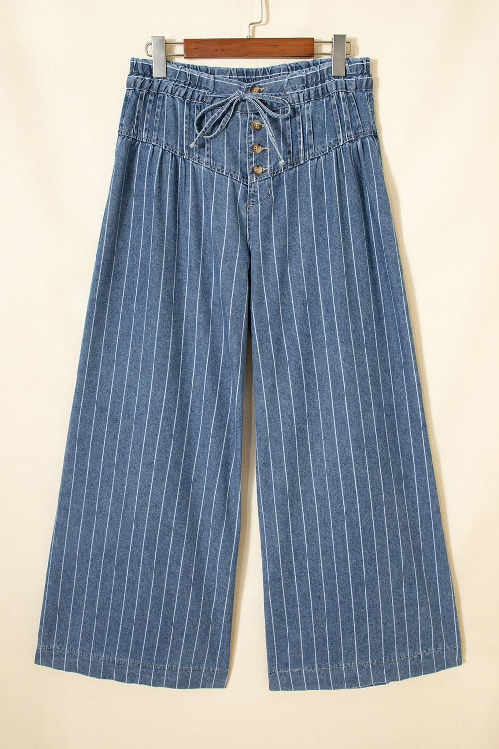 Sky Blue Stripe Button Pleated Drawstring Waist Casual Wide Leg Jeans - Kinfolk Customs LLC