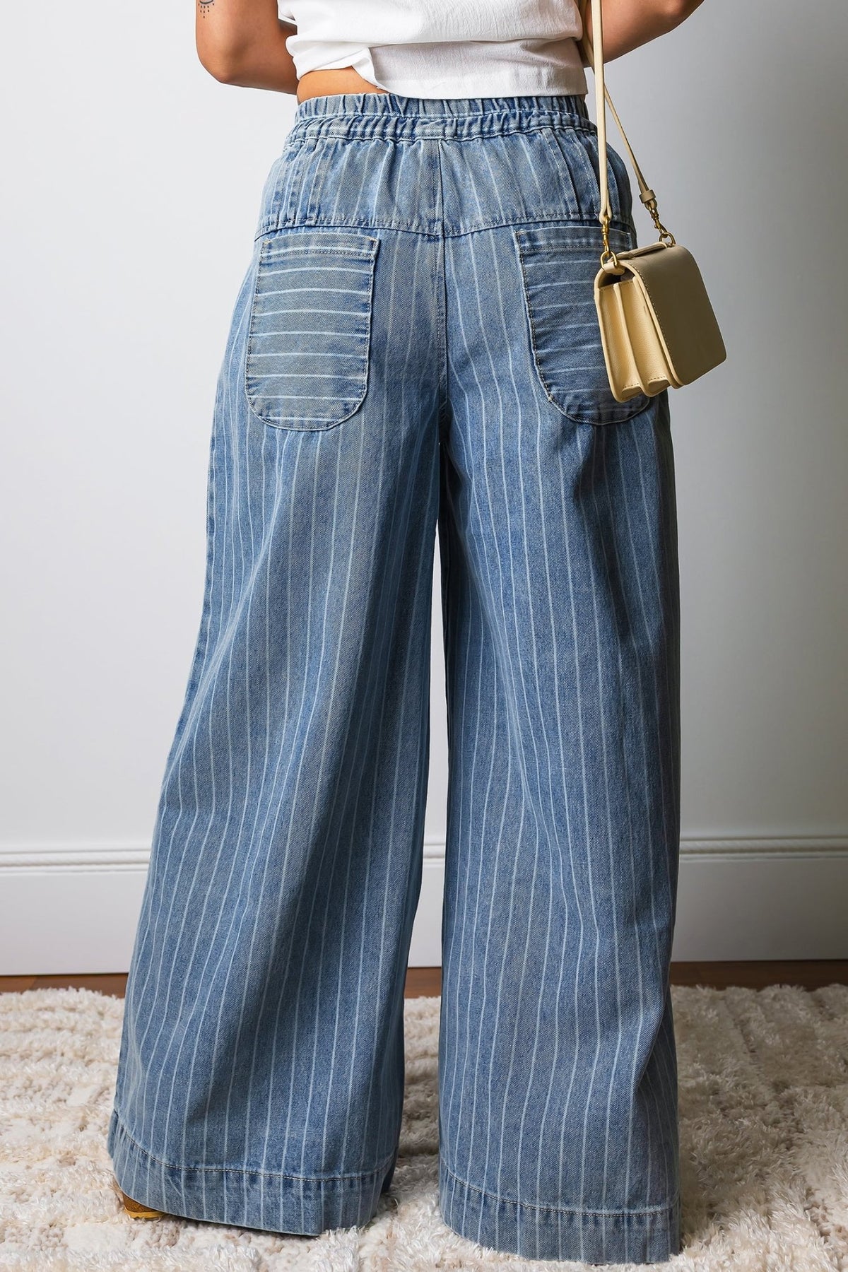 Sky Blue Stripe Button Pleated Drawstring Waist Casual Wide Leg Jeans - Kinfolk Customs LLC