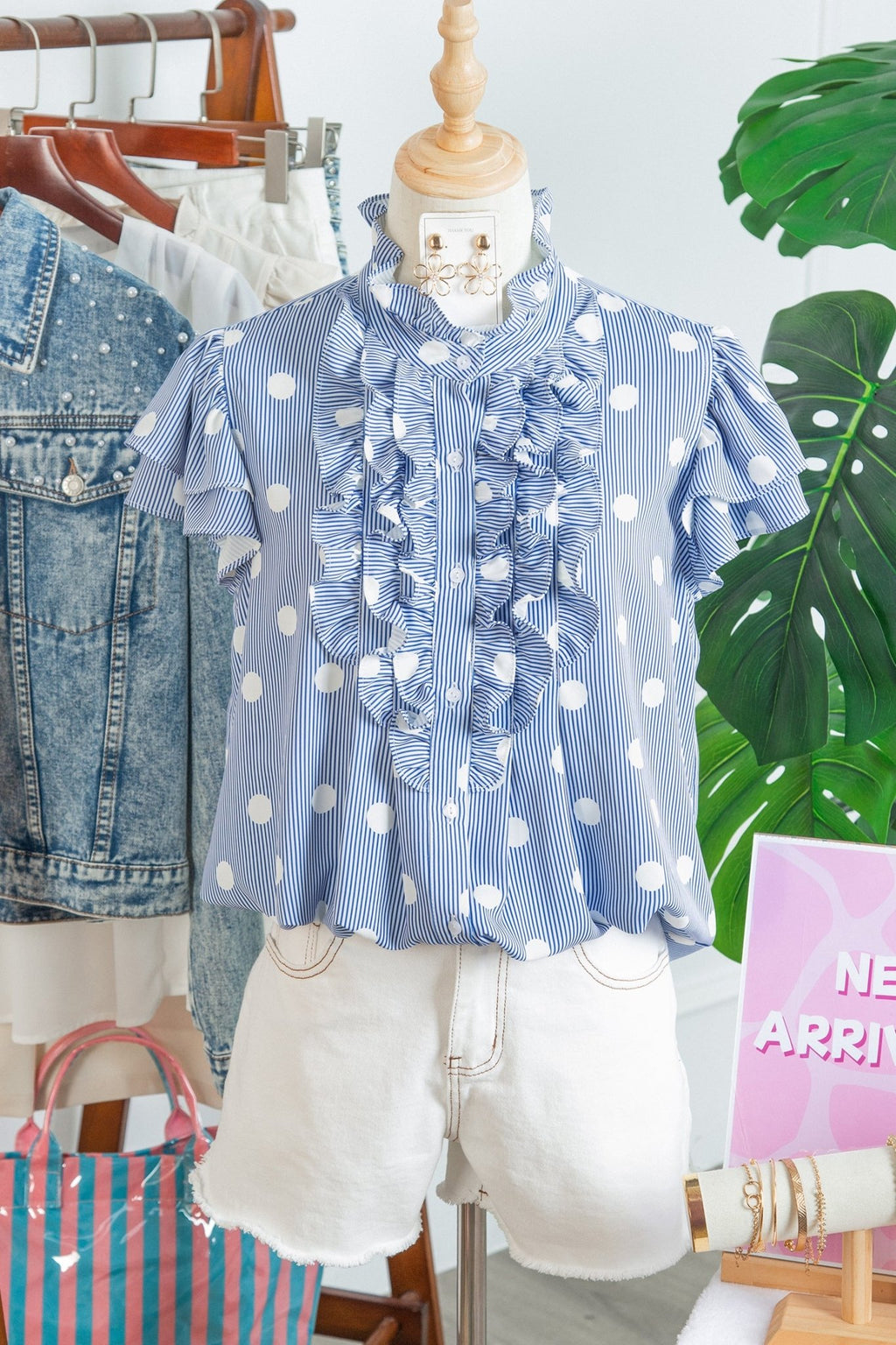 Sky Blue Stripe Contrast Polka Dot Print Pleated Ruffle Sleeve Shirt - Kinfolk Customs LLC