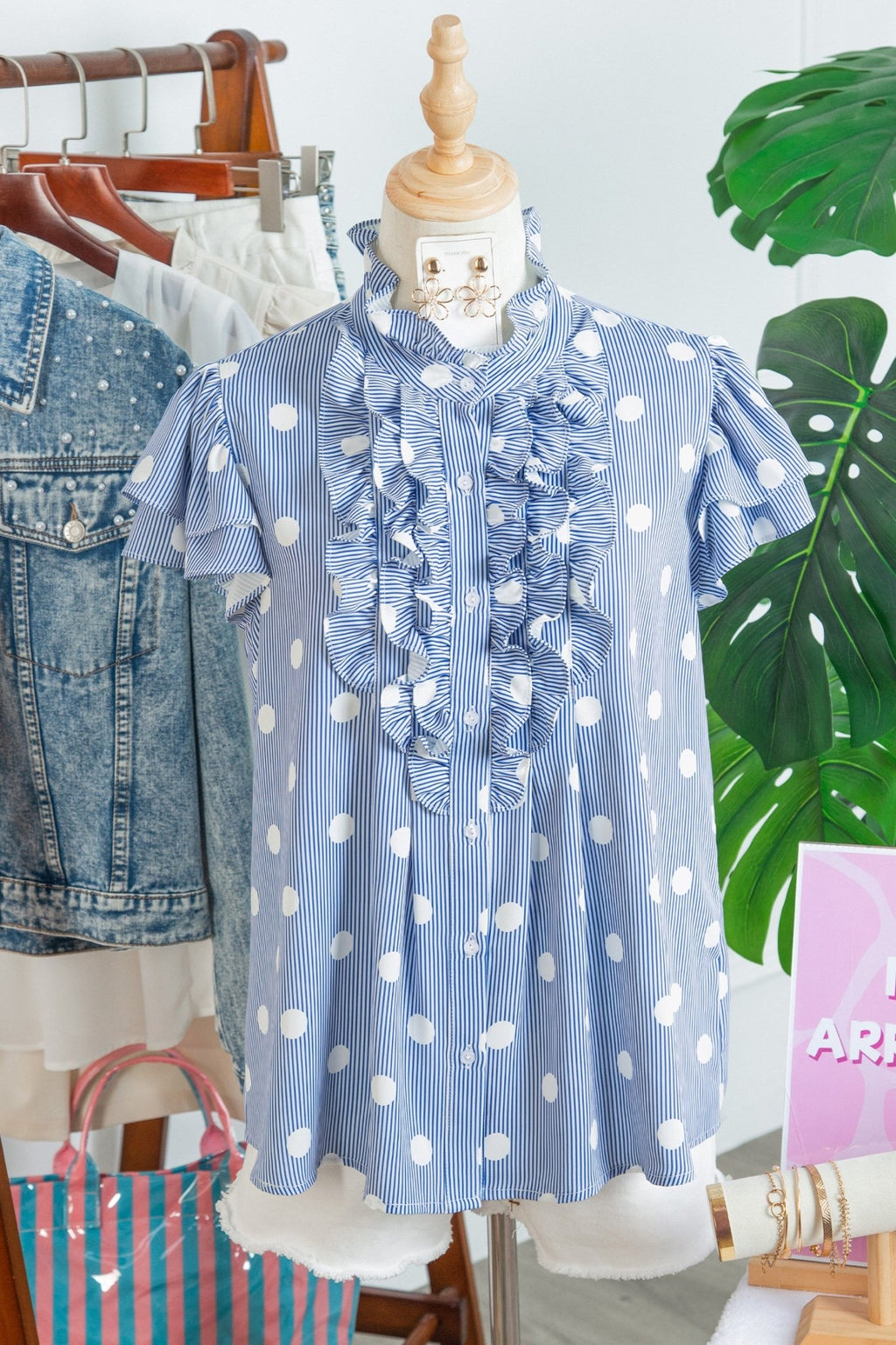 Sky Blue Stripe Contrast Polka Dot Print Pleated Ruffle Sleeve Shirt - Kinfolk Customs LLC