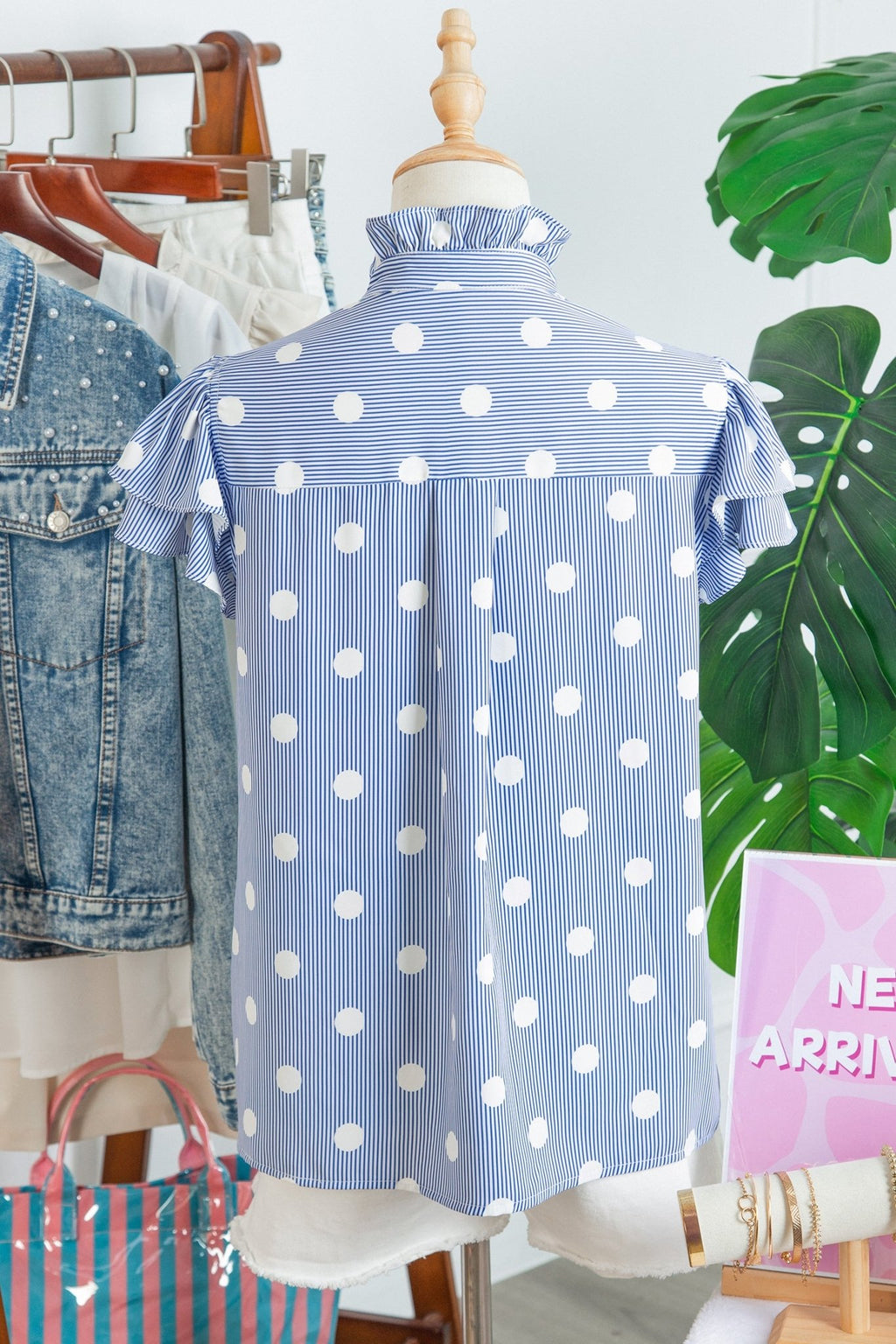 Sky Blue Stripe Contrast Polka Dot Print Pleated Ruffle Sleeve Shirt - Kinfolk Customs LLC