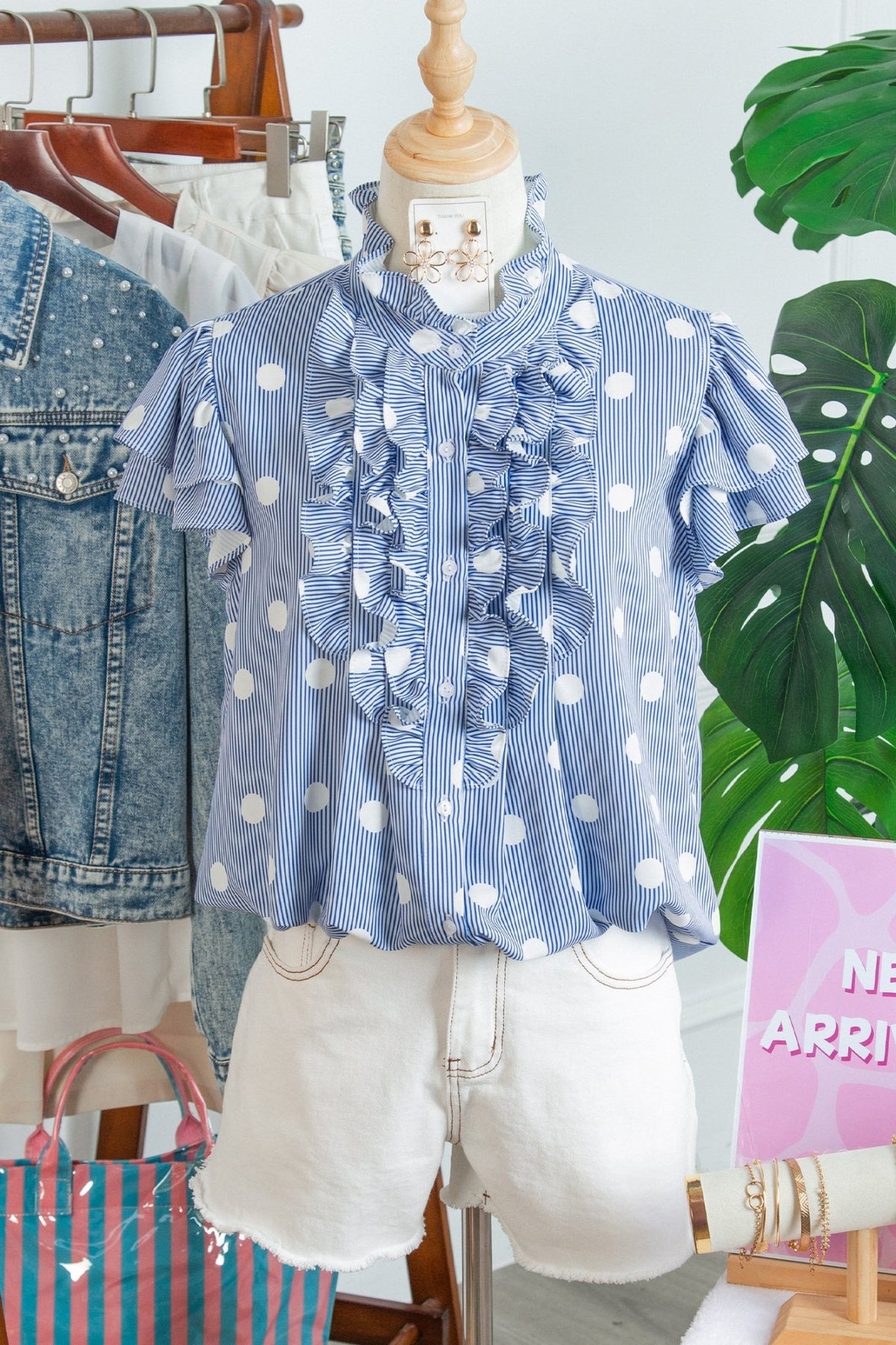 Sky Blue Stripe Contrast Polka Dot Print Pleated Ruffle Sleeve Shirt - Kinfolk Customs LLC
