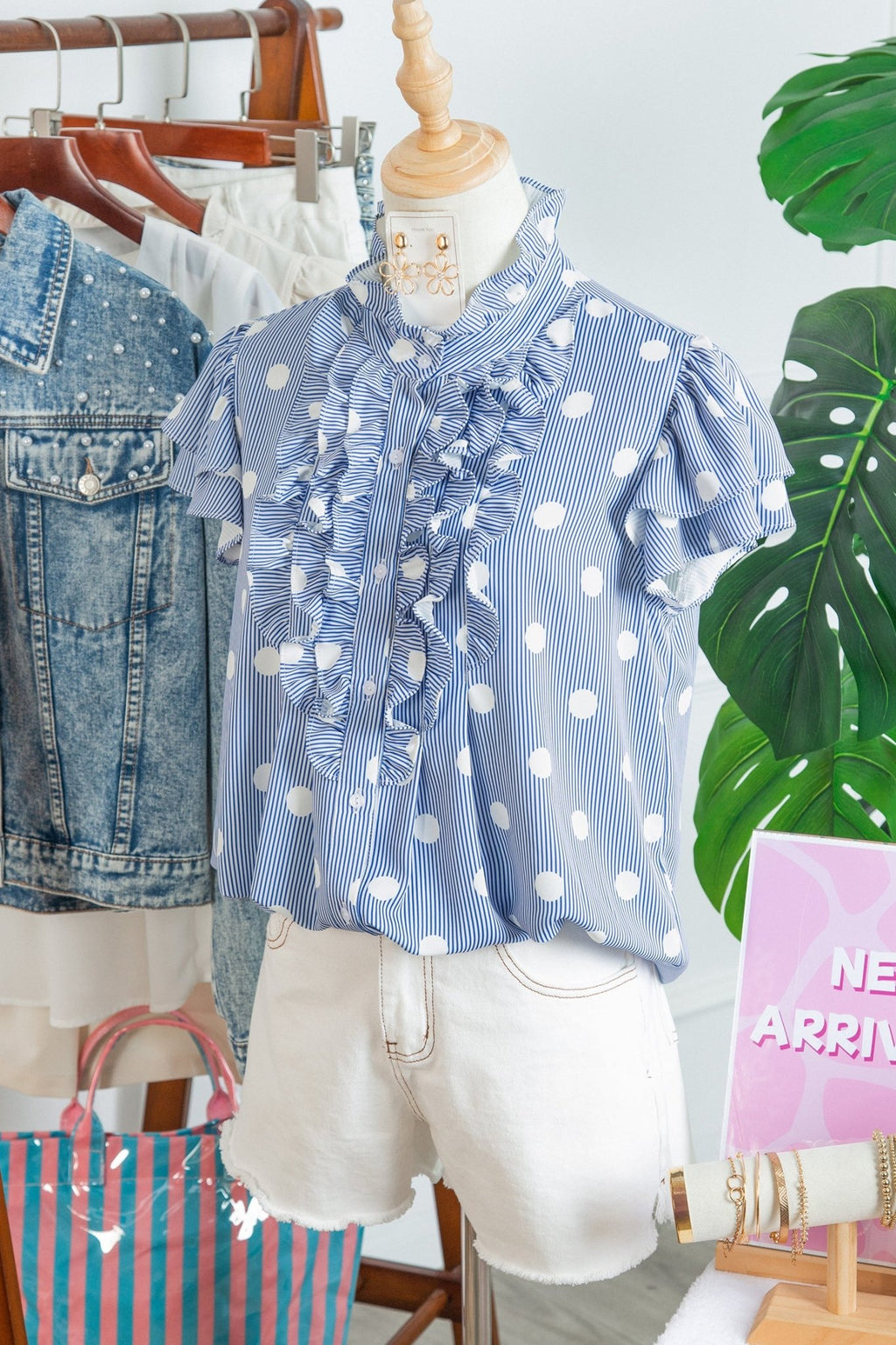 Sky Blue Stripe Contrast Polka Dot Print Pleated Ruffle Sleeve Shirt - Kinfolk Customs LLC