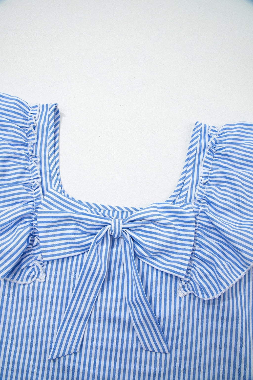 Sky Blue Stripe Square Neck Bow Decor Frilly Ruffled Short Sleeve Blouse - Kinfolk Customs LLC