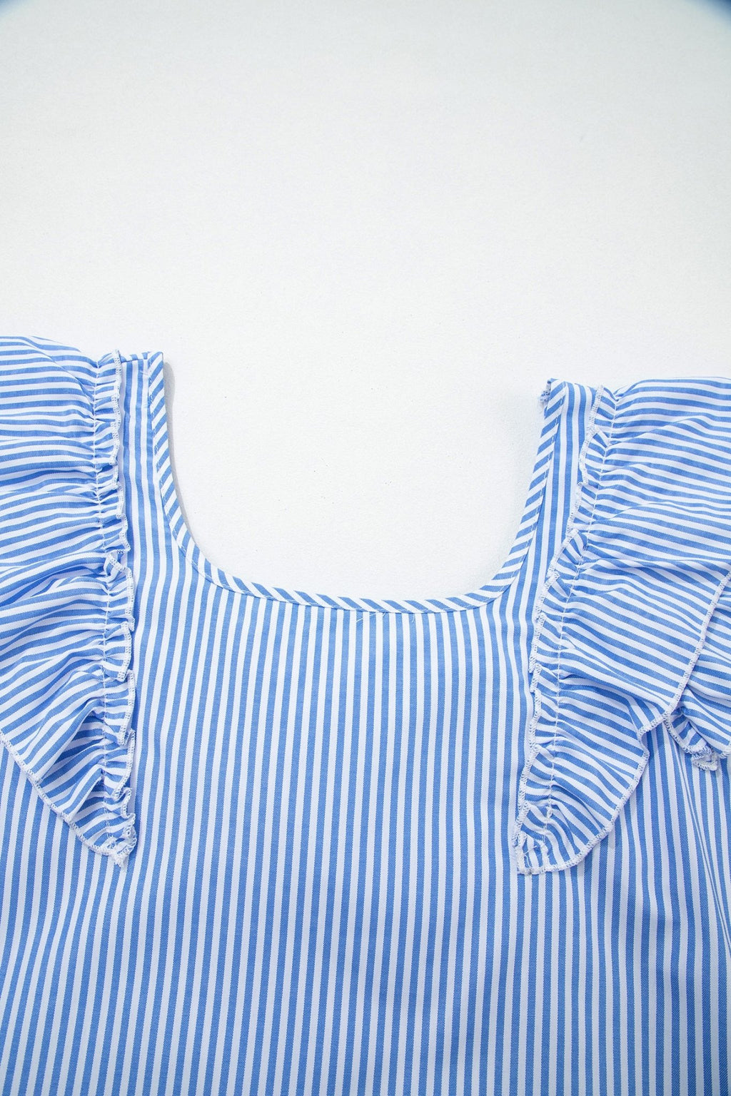Sky Blue Stripe Square Neck Bow Decor Frilly Ruffled Short Sleeve Blouse - Kinfolk Customs LLC