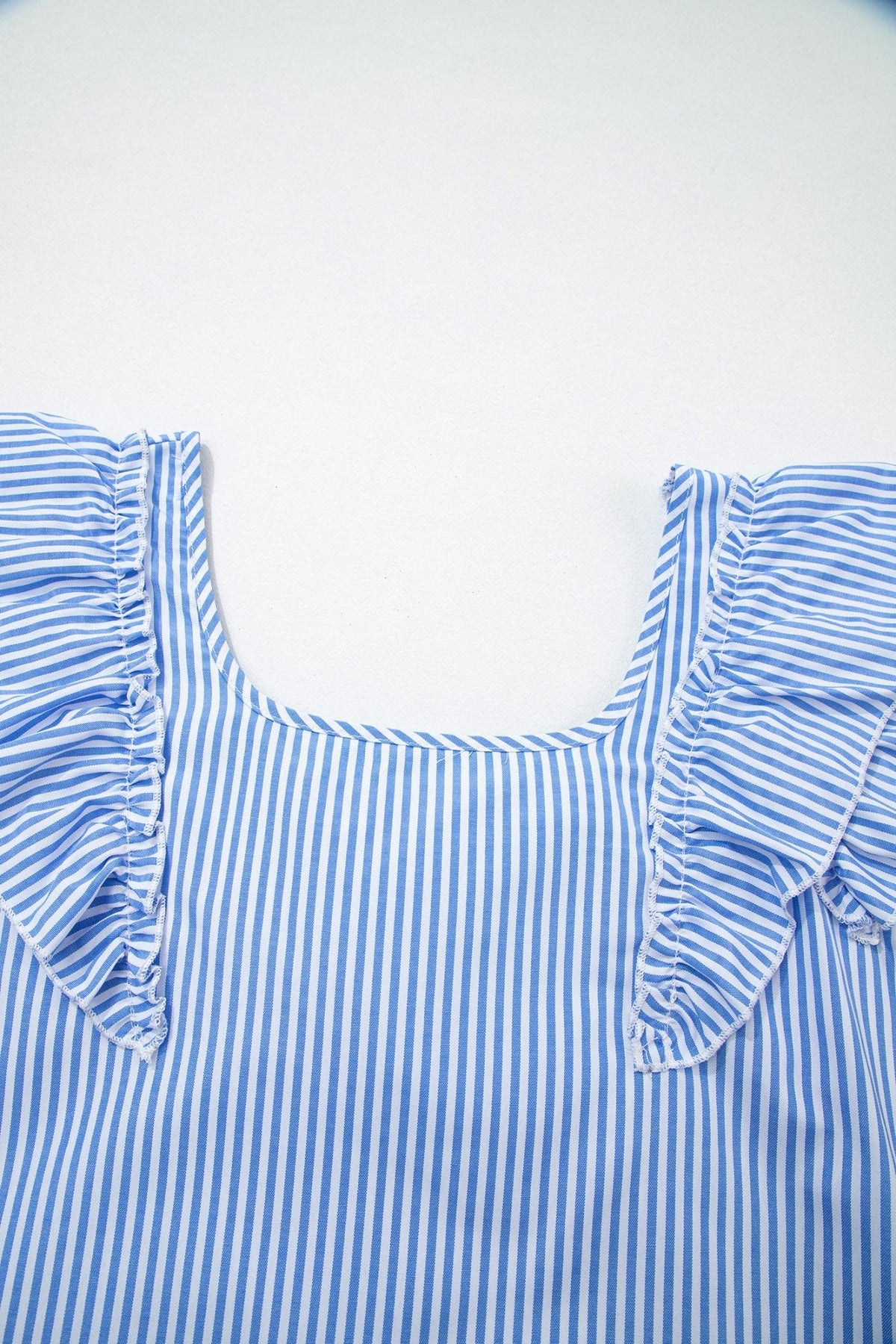 Sky Blue Stripe Square Neck Bow Decor Frilly Ruffled Short Sleeve Blouse - Kinfolk Customs LLC