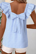 Sky Blue Stripe Square Neck Bow Decor Frilly Ruffled Short Sleeve Blouse - Kinfolk Customs LLC
