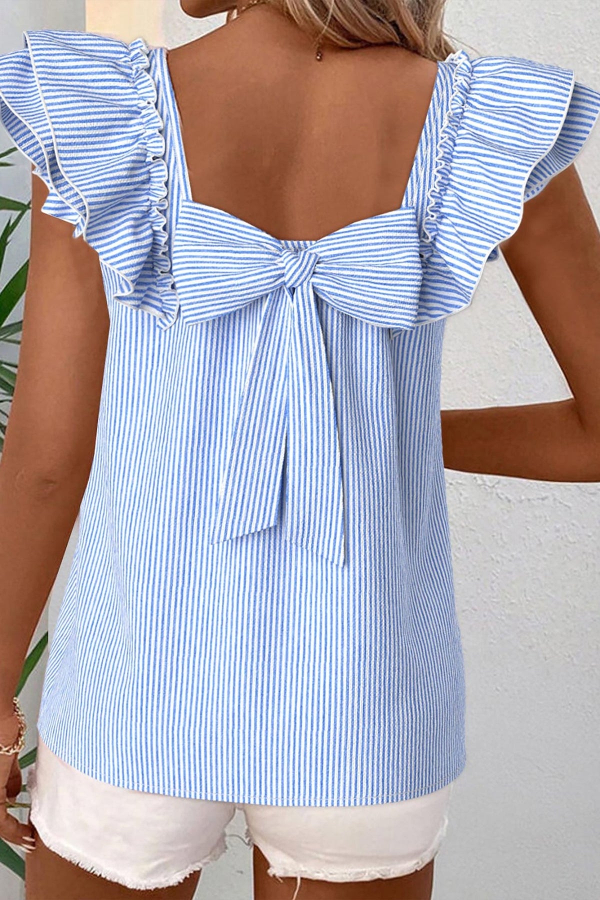 Sky Blue Stripe Square Neck Bow Decor Frilly Ruffled Short Sleeve Blouse - Kinfolk Customs LLC