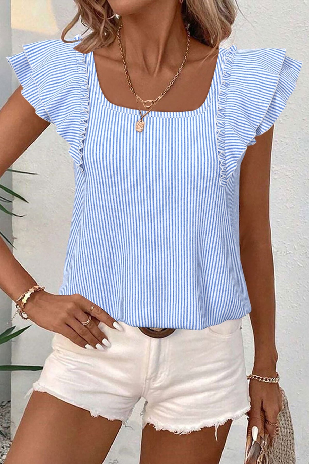Sky Blue Stripe Square Neck Bow Decor Frilly Ruffled Short Sleeve Blouse - Kinfolk Customs LLC
