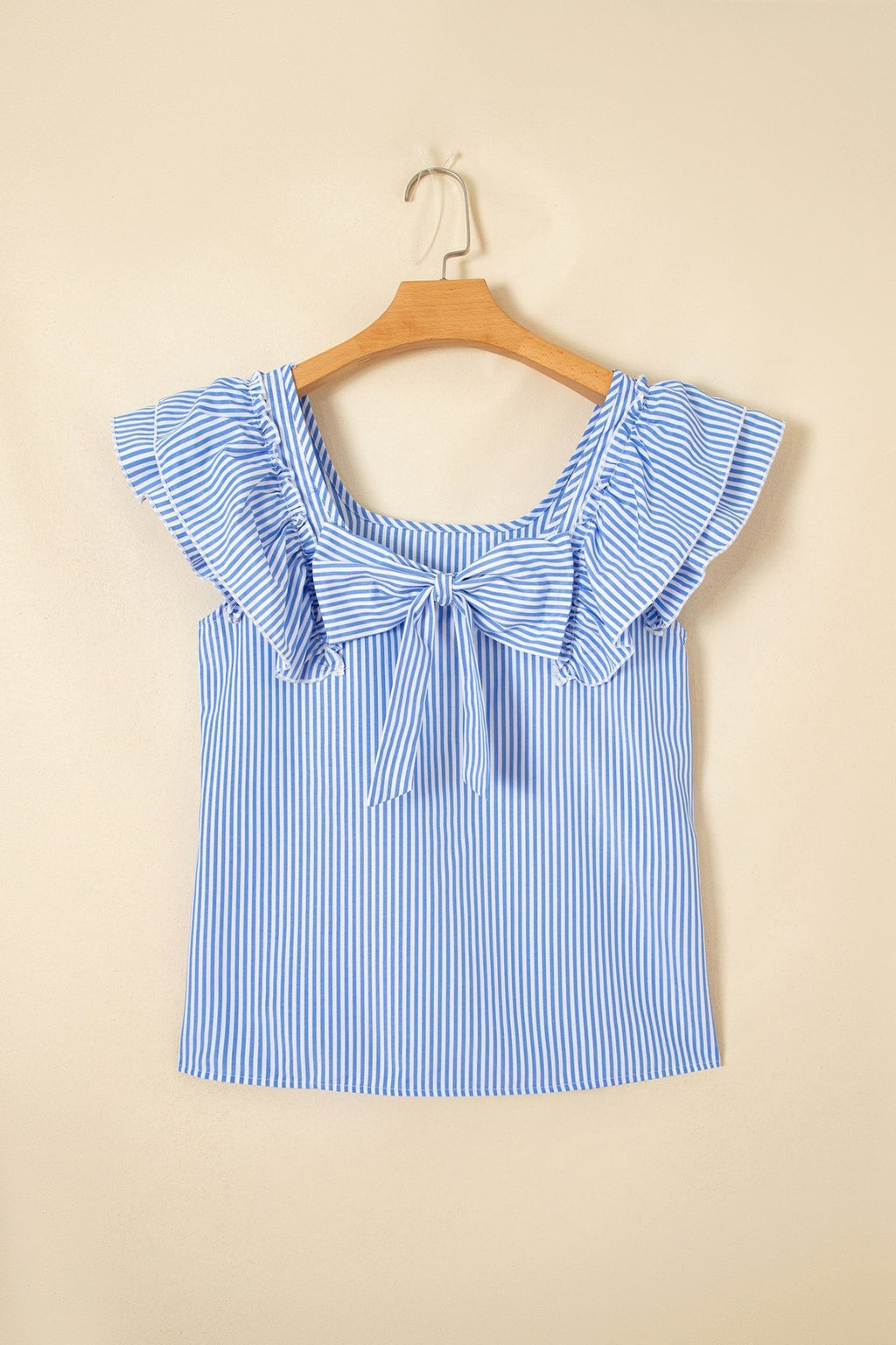 Sky Blue Stripe Square Neck Bow Decor Frilly Ruffled Short Sleeve Blouse - Kinfolk Customs LLC